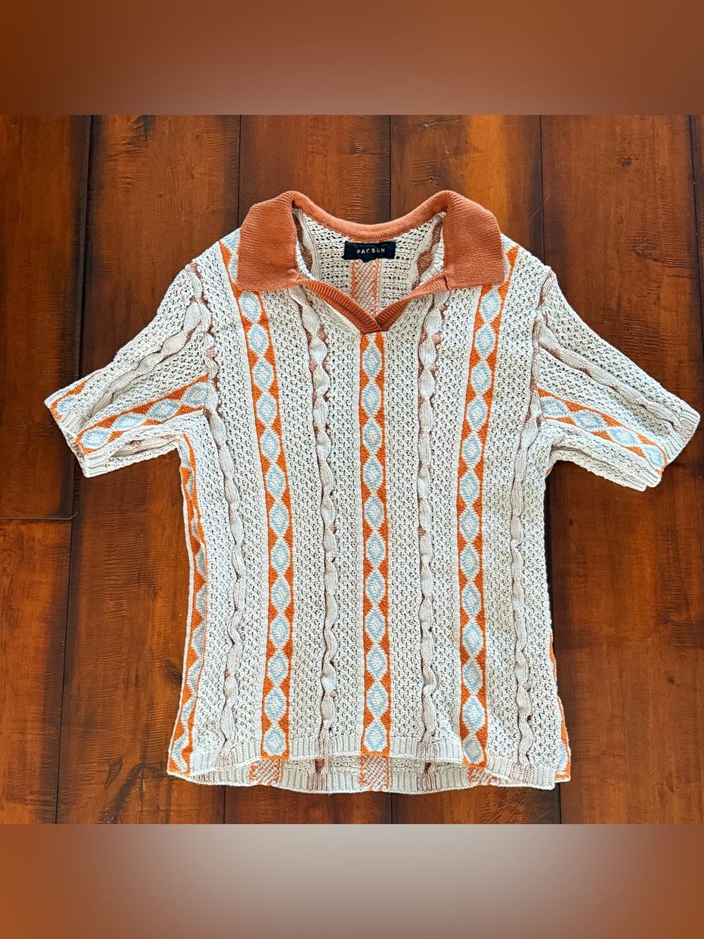 PacSun Cream V-Neck Sweater with Orange and Light Blue Diamond Stripes